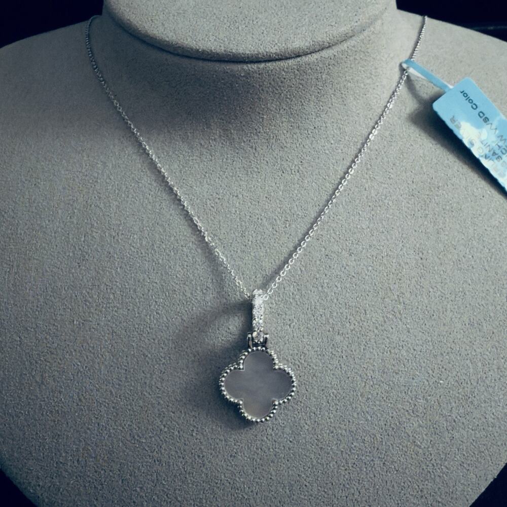 Moissanite & 925 Silver Pearl Clover Flower Pendant Necklace 18in ~ NEW